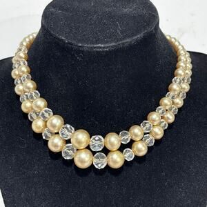 Vintage Mid Century 2-strand beaded choker necklace champagne & clear crystals